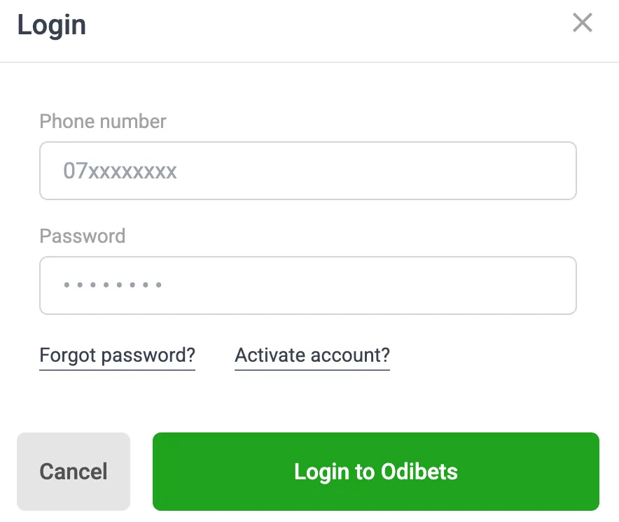 Odibet Kenya secure account login form