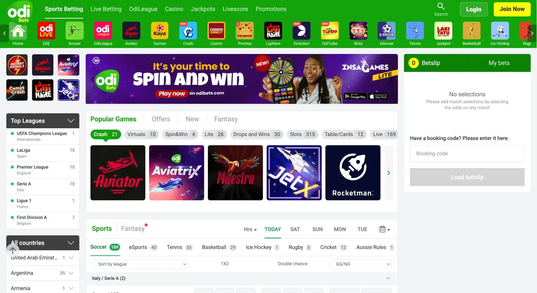 Odibet Kenya main site view with betting and casino options