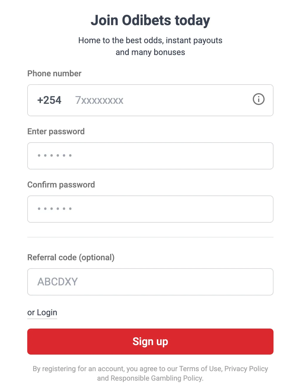 Odibet Kenya account registration form or process